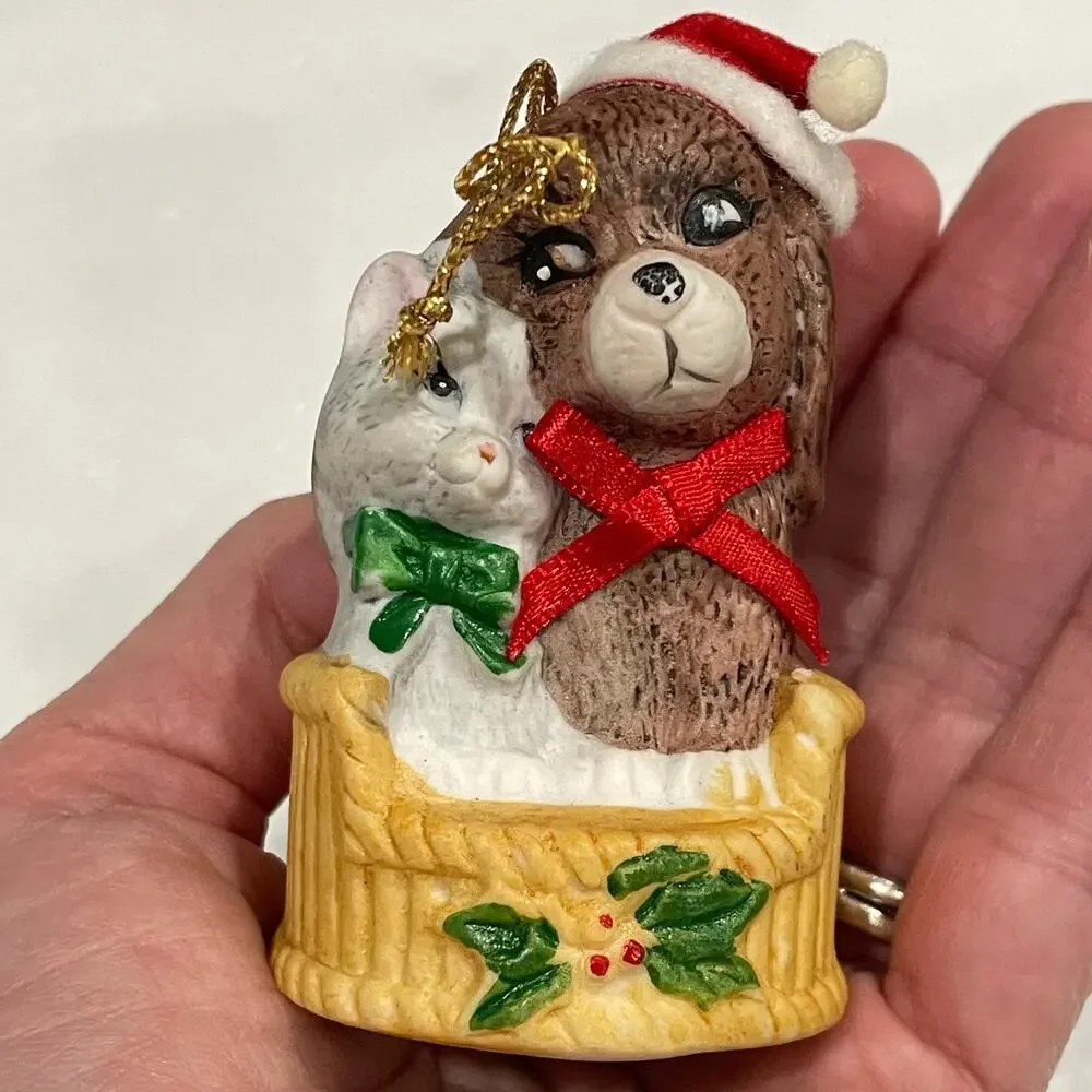 Vintage Porcelain Christmas Puppy Kitten Bell Ornament JSNY Santa Hat Dog Cat